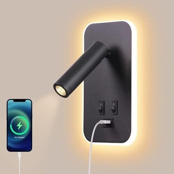 LED Wall Light, Bedside Reading Light, USB Charging Port, Bedroom Mood Lighting - Picture 1 of 6
